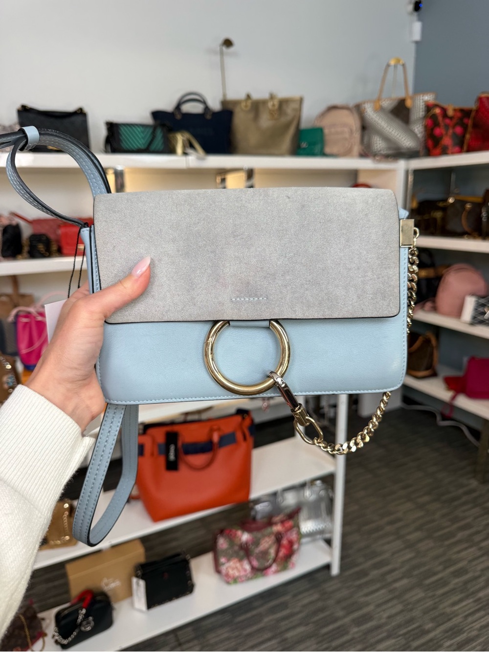 Faye Small Shoulder Bag in Powder Blue and Taupe